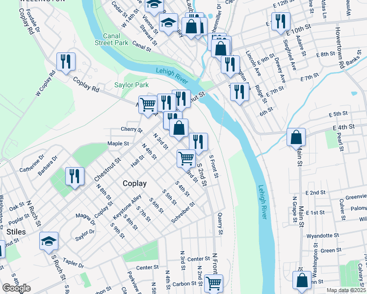 map of restaurants, bars, coffee shops, grocery stores, and more near 16 South 2nd Street in Coplay
