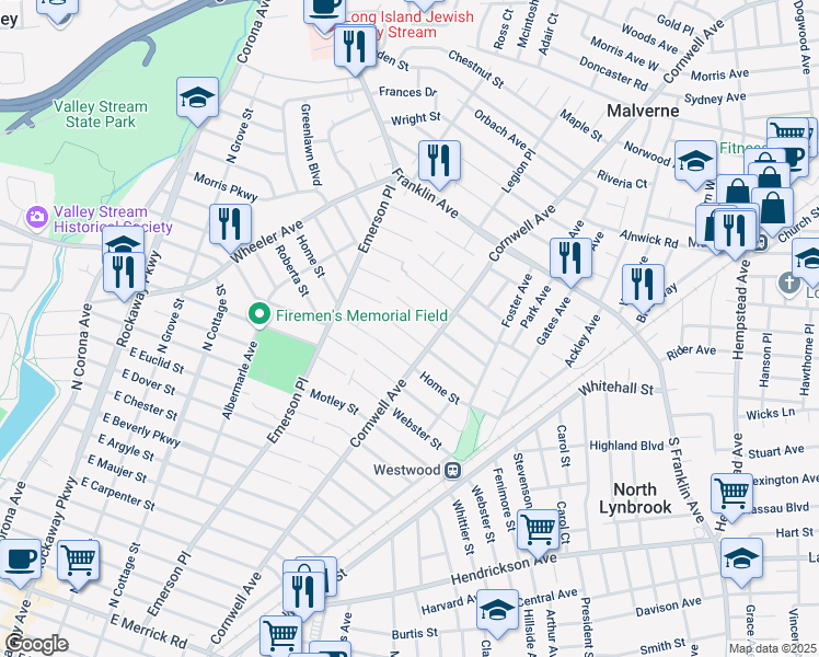 map of restaurants, bars, coffee shops, grocery stores, and more near 88 Coolidge Street in Malverne
