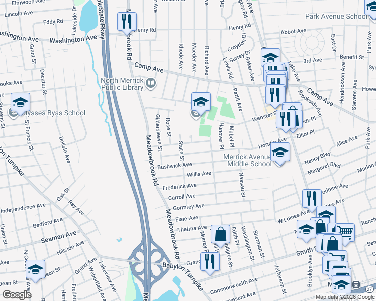 map of restaurants, bars, coffee shops, grocery stores, and more near 1777 Horatio Avenue in Merrick