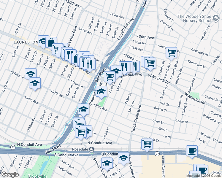 map of restaurants, bars, coffee shops, grocery stores, and more near 134-10 242nd Street in Queens