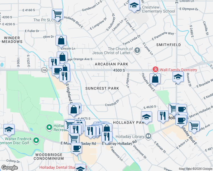 map of restaurants, bars, coffee shops, grocery stores, and more near 4564 South Willow Road in Holladay