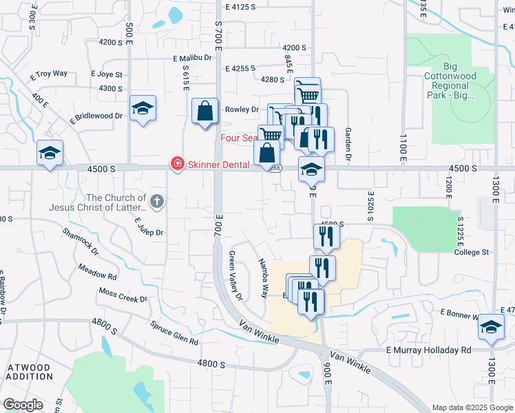 map of restaurants, bars, coffee shops, grocery stores, and more near 4554 785 East in Millcreek