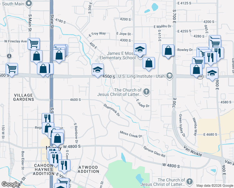 map of restaurants, bars, coffee shops, grocery stores, and more near 4554 South Creekview Drive in Murray