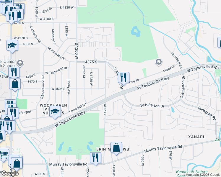 map of restaurants, bars, coffee shops, grocery stores, and more near 4517 1175 West in Murray