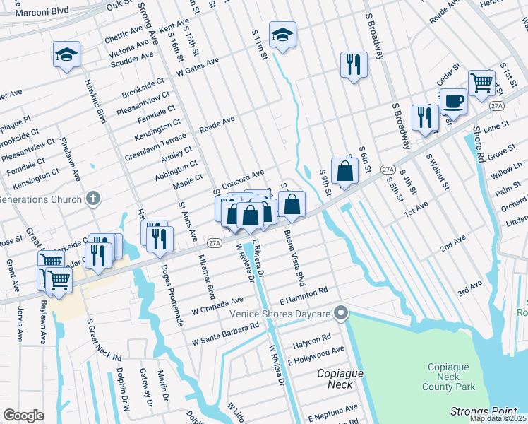 map of restaurants, bars, coffee shops, grocery stores, and more near 591 South 14th Street in Lindenhurst