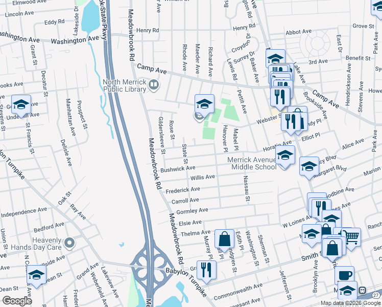 map of restaurants, bars, coffee shops, grocery stores, and more near 1777 Horatio Avenue in Merrick