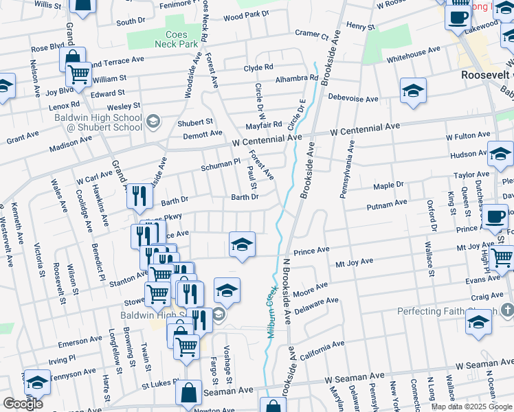 map of restaurants, bars, coffee shops, grocery stores, and more near 983 Kings Parkway in Baldwin