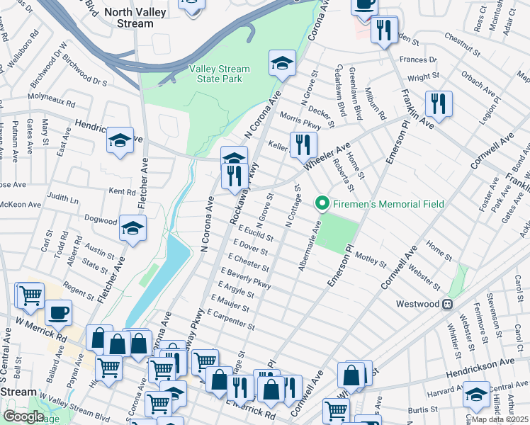 map of restaurants, bars, coffee shops, grocery stores, and more near 52 Virginia Street in Valley Stream