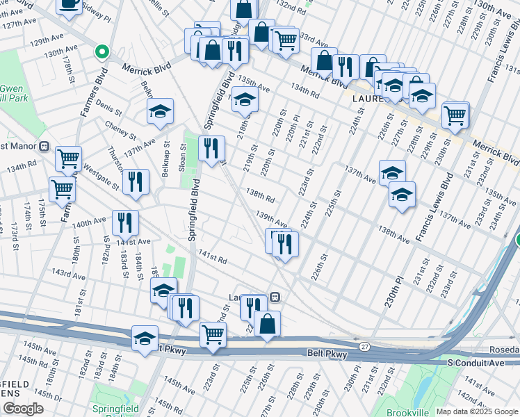 map of restaurants, bars, coffee shops, grocery stores, and more near 139-10 222nd Street in Queens