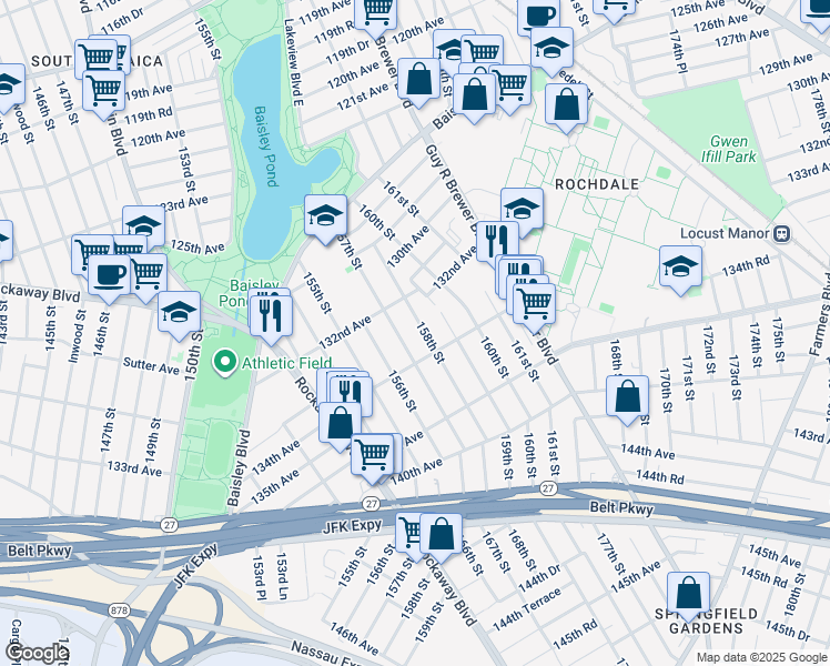 map of restaurants, bars, coffee shops, grocery stores, and more near 132-27 157th Street in Queens