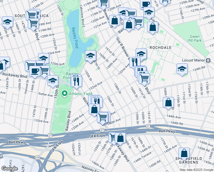 map of restaurants, bars, coffee shops, grocery stores, and more near 132-27 157th Street in Queens