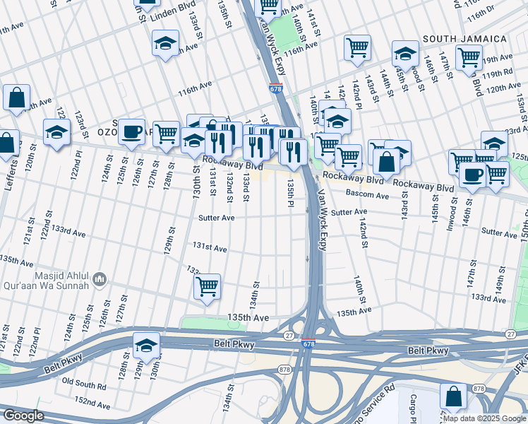 map of restaurants, bars, coffee shops, grocery stores, and more near 12275 134th Street in Queens