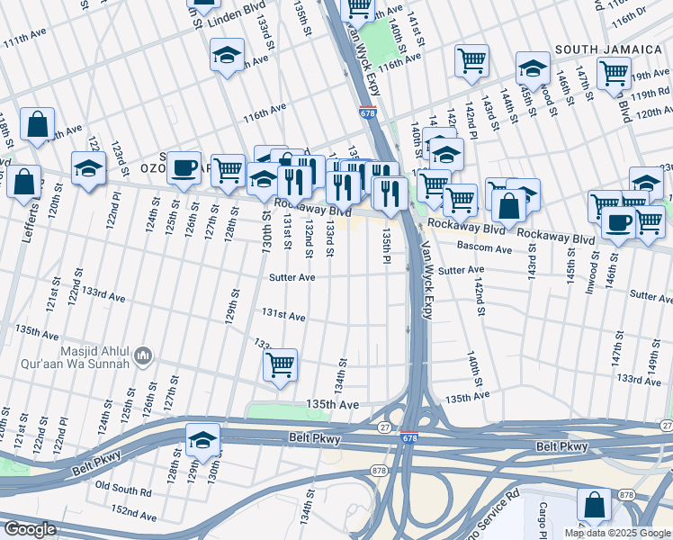 map of restaurants, bars, coffee shops, grocery stores, and more near 12275 134th Street in Queens