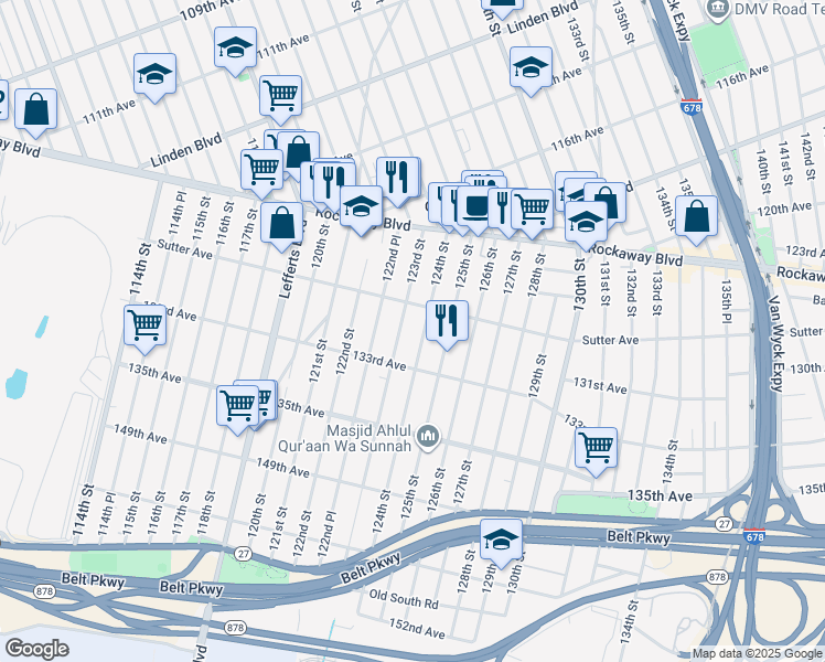 map of restaurants, bars, coffee shops, grocery stores, and more near 130-22 124th Street in Queens