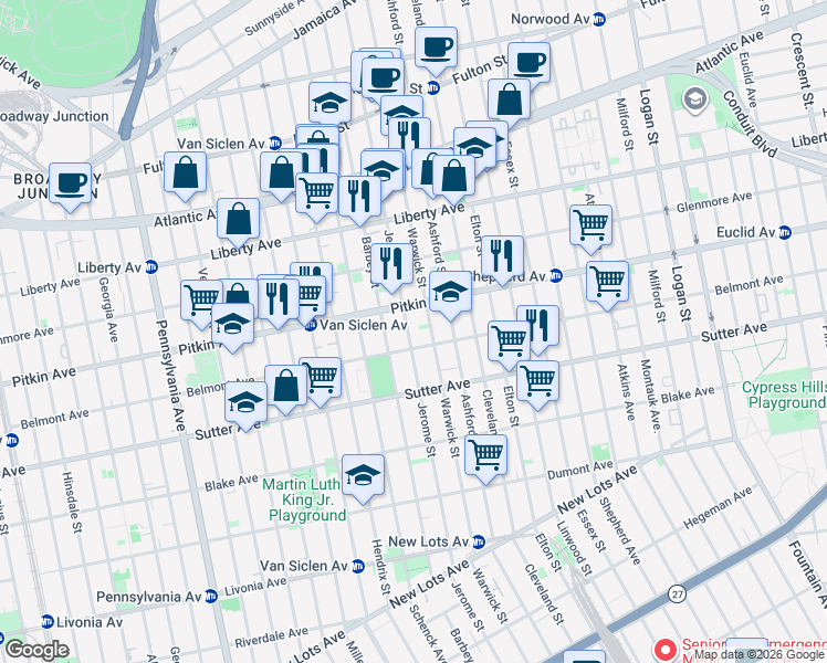 map of restaurants, bars, coffee shops, grocery stores, and more near 417 Barbey Street in Brooklyn