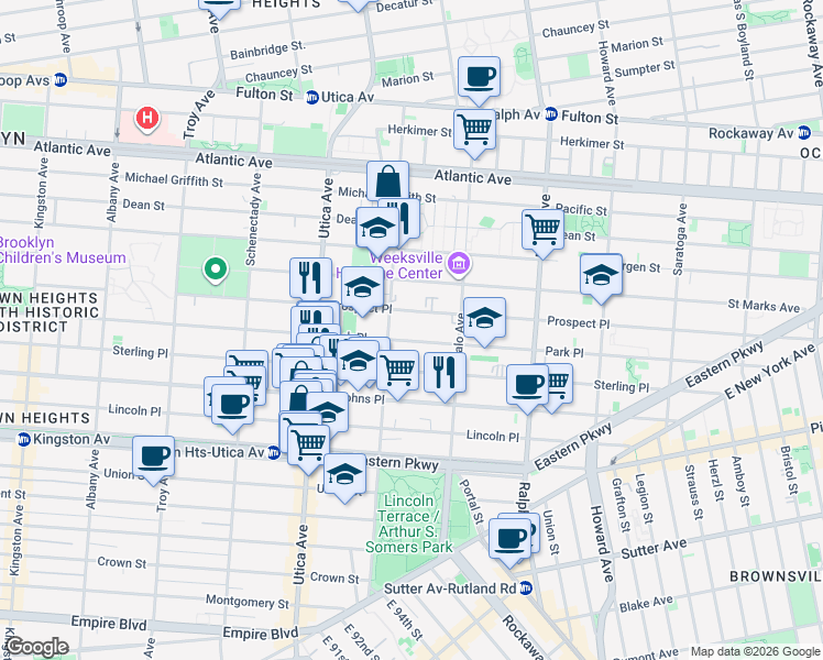 map of restaurants, bars, coffee shops, grocery stores, and more near 1505 Park Place in Brooklyn