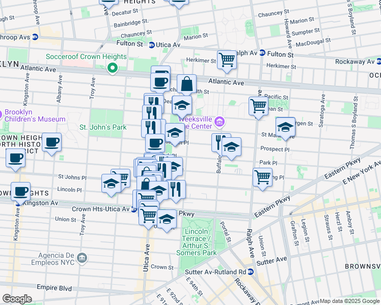 map of restaurants, bars, coffee shops, grocery stores, and more near 1505 Park Place in Brooklyn
