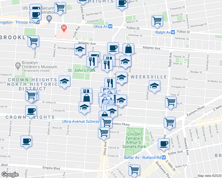 map of restaurants, bars, coffee shops, grocery stores, and more near 187 Utica Avenue in Brooklyn