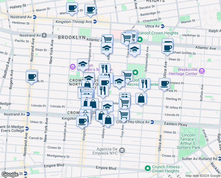 map of restaurants, bars, coffee shops, grocery stores, and more near 1196 Park Place in Brooklyn