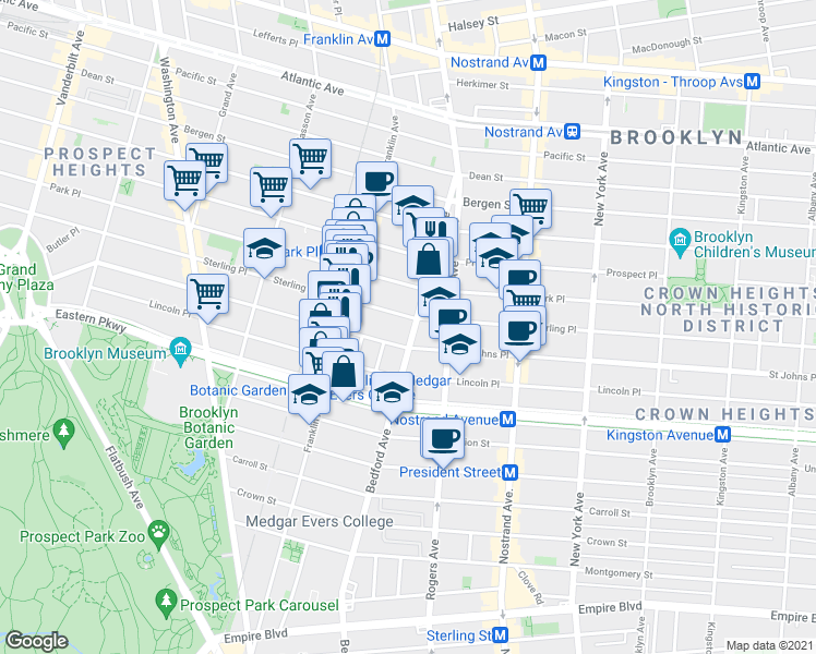 map of restaurants, bars, coffee shops, grocery stores, and more near 1480 Bedford Avenue in Brooklyn