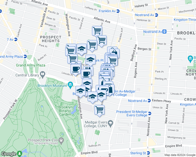 map of restaurants, bars, coffee shops, grocery stores, and more near 570 Saint Johns Place in Brooklyn