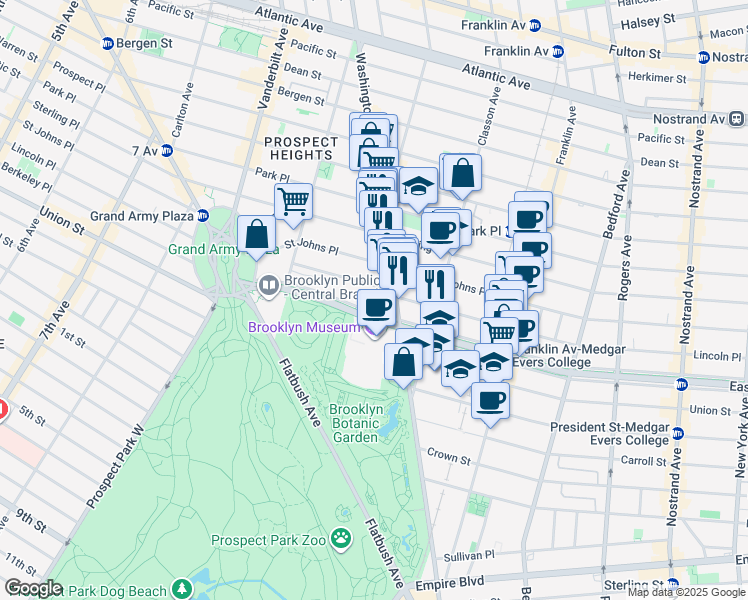 map of restaurants, bars, coffee shops, grocery stores, and more near 188 Eastern Parkway in Brooklyn