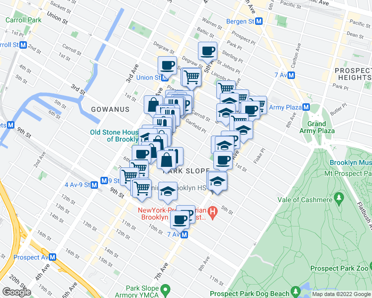map of restaurants, bars, coffee shops, grocery stores, and more near 412 2nd Street in Brooklyn