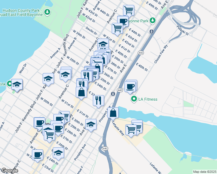 map of restaurants, bars, coffee shops, grocery stores, and more near 556 Avenue E in Bayonne