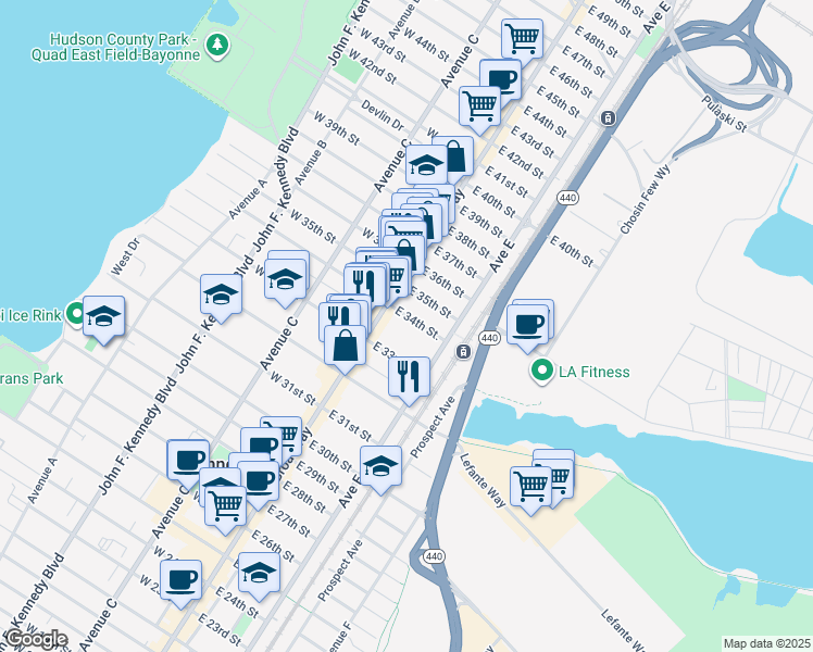 map of restaurants, bars, coffee shops, grocery stores, and more near 38 East 34th Street in Bayonne