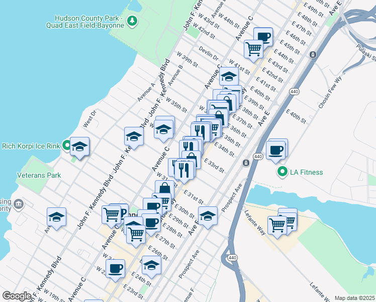 map of restaurants, bars, coffee shops, grocery stores, and more near 15 West 33rd Street in Bayonne