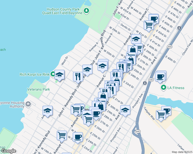 map of restaurants, bars, coffee shops, grocery stores, and more near 63 West 32nd Street in Bayonne