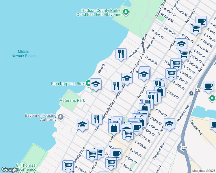 map of restaurants, bars, coffee shops, grocery stores, and more near 143 West 30th Street in Bayonne
