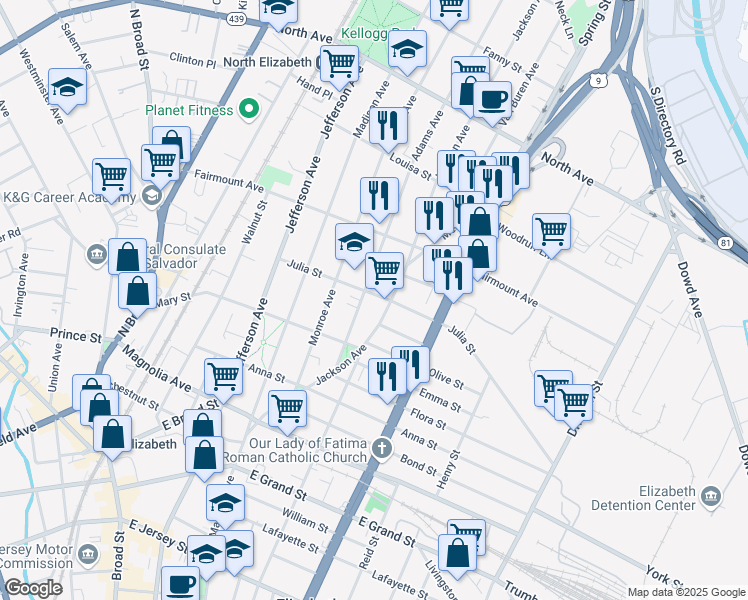 map of restaurants, bars, coffee shops, grocery stores, and more near 1044 Julia Street in Elizabeth