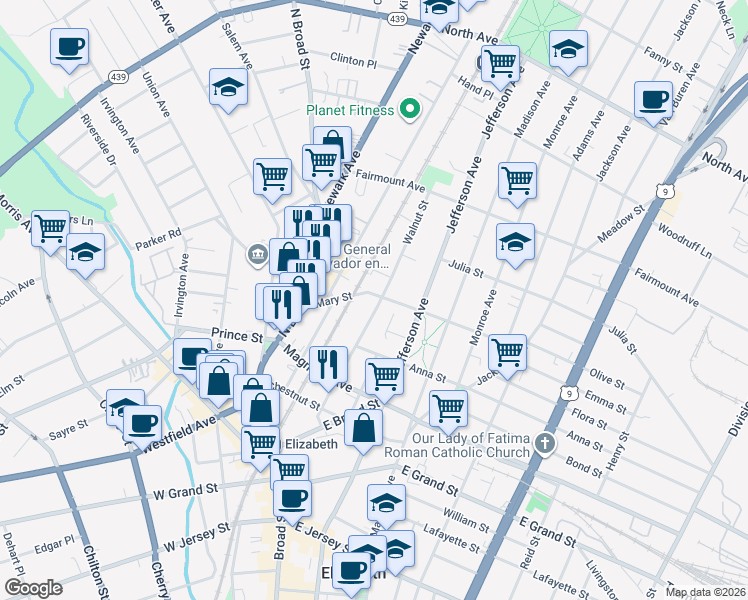 map of restaurants, bars, coffee shops, grocery stores, and more near 1174 Mary Street in Elizabeth