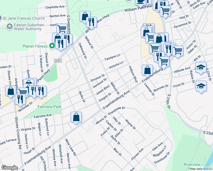 map of restaurants, bars, coffee shops, grocery stores, and more near 3011 Jones Boulevard in Easton