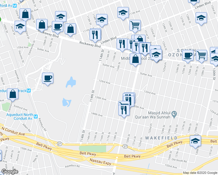 map of restaurants, bars, coffee shops, grocery stores, and more near 133-13 115th Street in Queens
