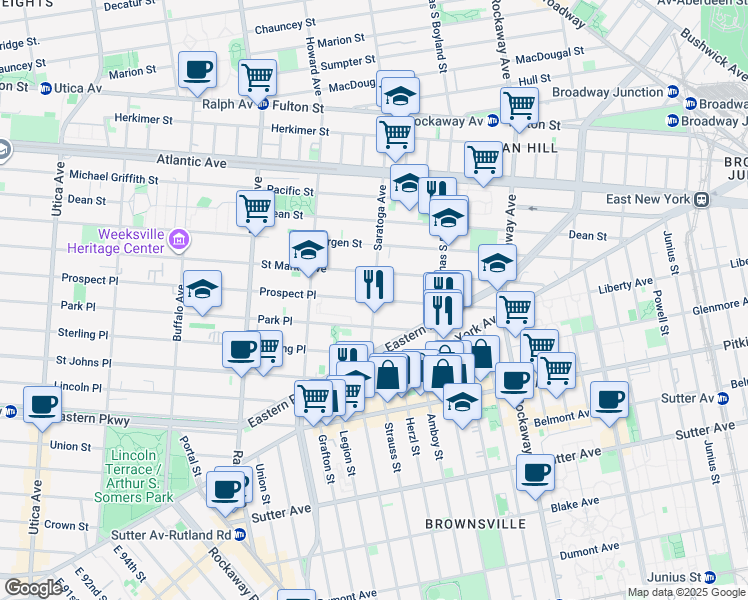 map of restaurants, bars, coffee shops, grocery stores, and more near Prospect Pl & Saratoga Ave in Brooklyn