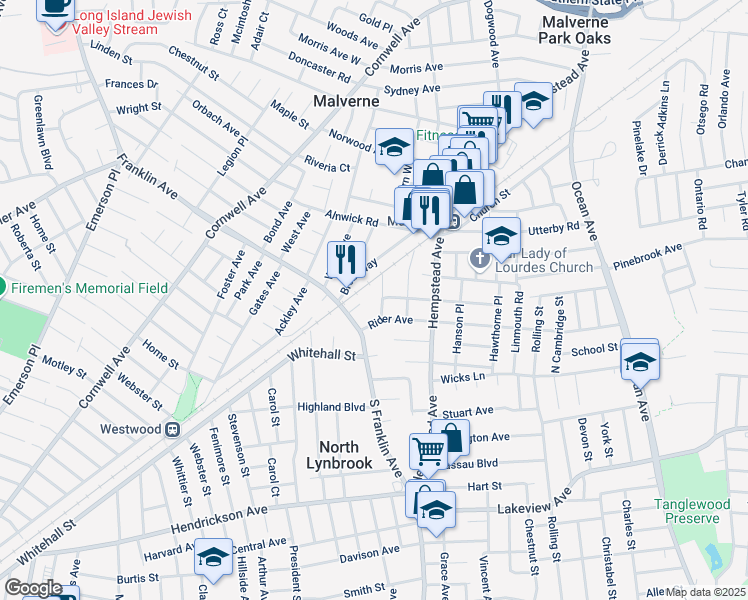 map of restaurants, bars, coffee shops, grocery stores, and more near 21 William Street in Malverne