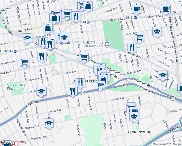 map of restaurants, bars, coffee shops, grocery stores, and more near 133-19 77th Street in Queens