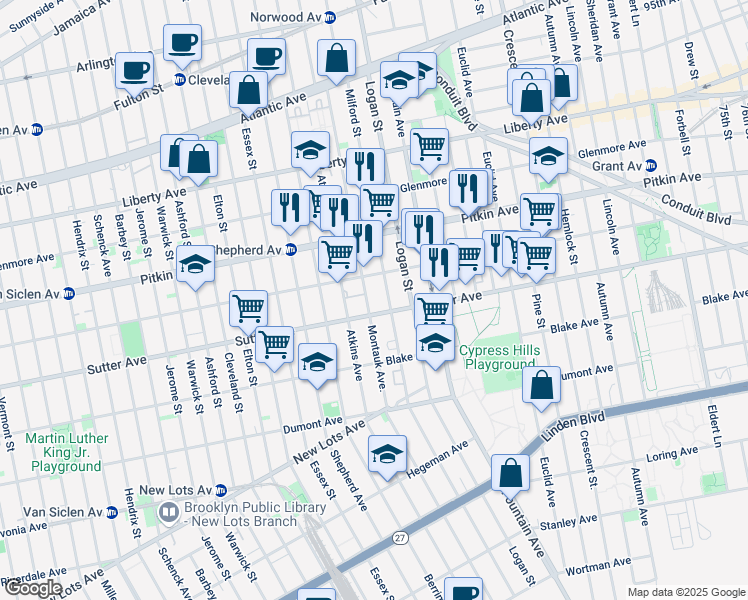 map of restaurants, bars, coffee shops, grocery stores, and more near 277 Milford Street in Brooklyn