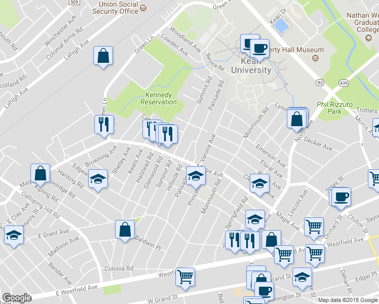 map of restaurants, bars, coffee shops, grocery stores, and more near 311 Hillside Road in Elizabeth