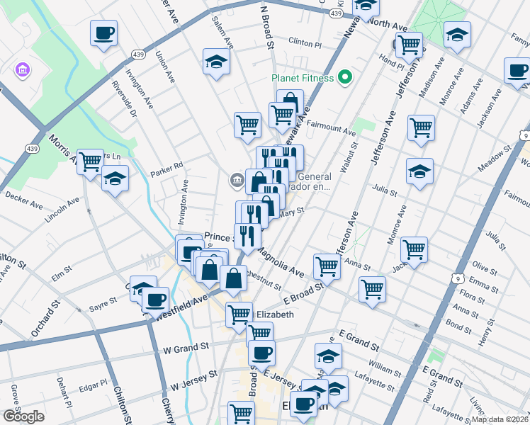 map of restaurants, bars, coffee shops, grocery stores, and more near 440 North Broad Street in Elizabeth