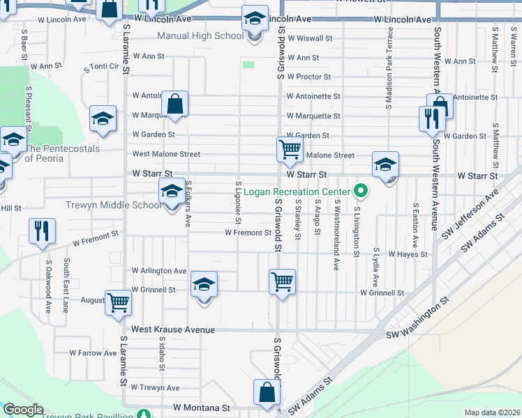 map of restaurants, bars, coffee shops, grocery stores, and more near 2517 West Humboldt Street in Peoria