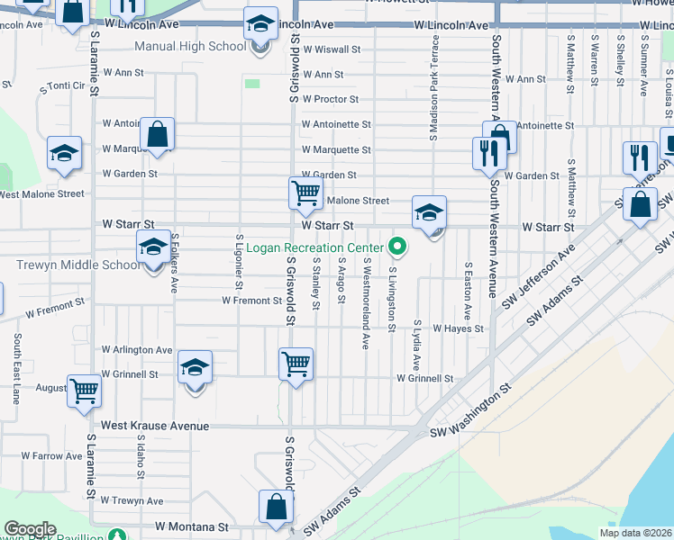 map of restaurants, bars, coffee shops, grocery stores, and more near 1415 South Arago Street in Peoria
