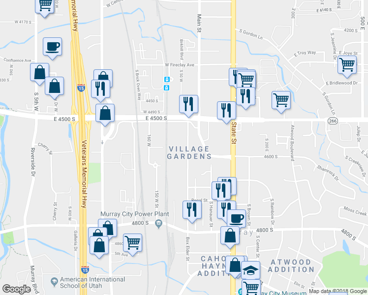 map of restaurants, bars, coffee shops, grocery stores, and more near 4578 Box Elder Street in Murray