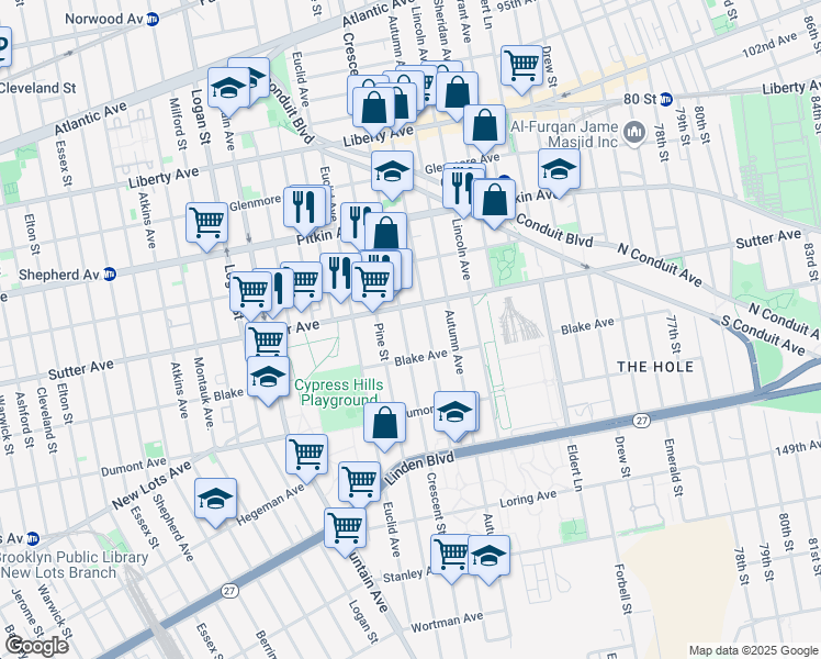 map of restaurants, bars, coffee shops, grocery stores, and more near 623 Crescent Street in Brooklyn