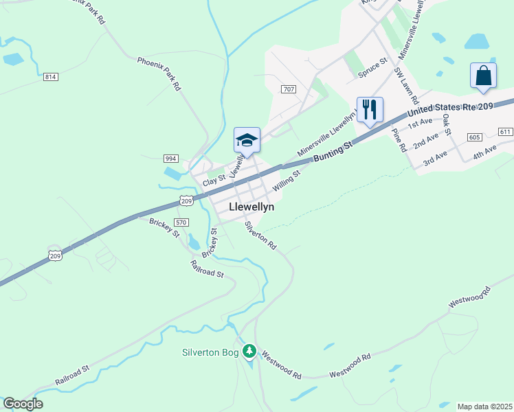 map of restaurants, bars, coffee shops, grocery stores, and more near 218 Willing Street in Llewellyn