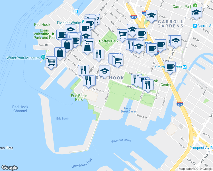 map of restaurants, bars, coffee shops, grocery stores, and more near 560 Columbia Street in Brooklyn