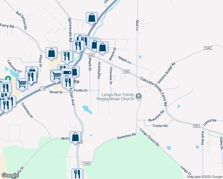 map of restaurants, bars, coffee shops, grocery stores, and more near 15788 Pineview Drive in Calcutta