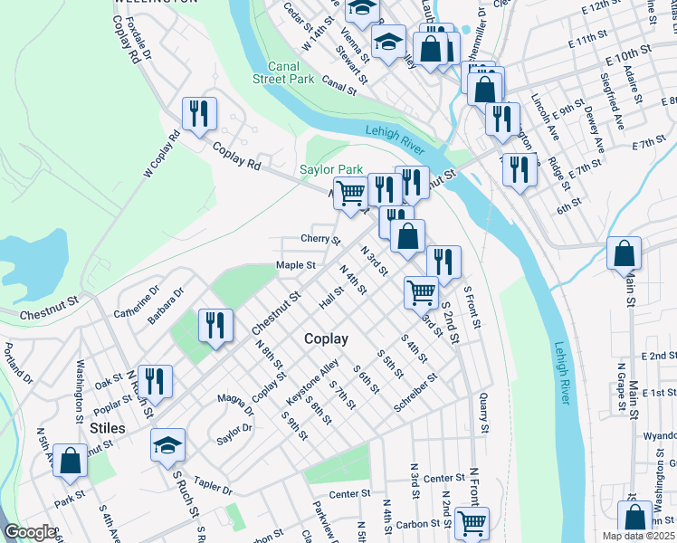 map of restaurants, bars, coffee shops, grocery stores, and more near 48 North 4th Street in Coplay